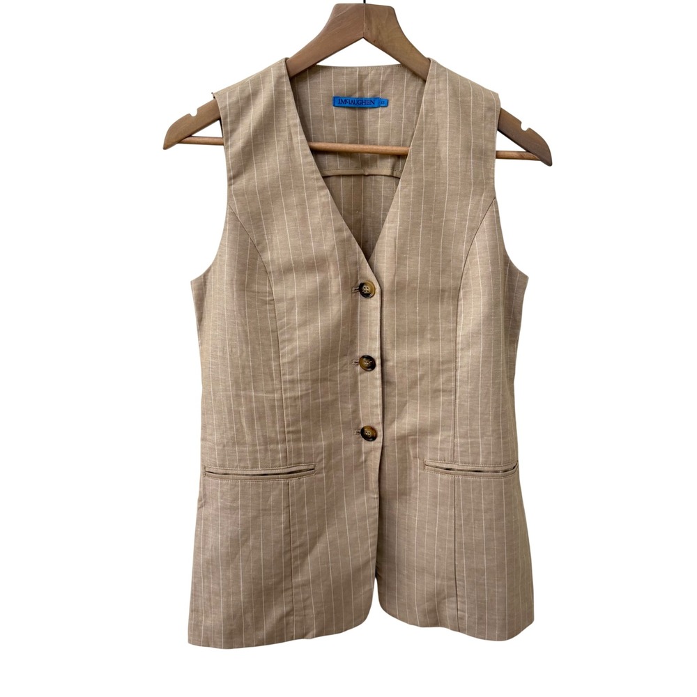 J. McLaughlin Vest XS Tan Pinstripe Cotton Linen Blend Tailored Cinch Back